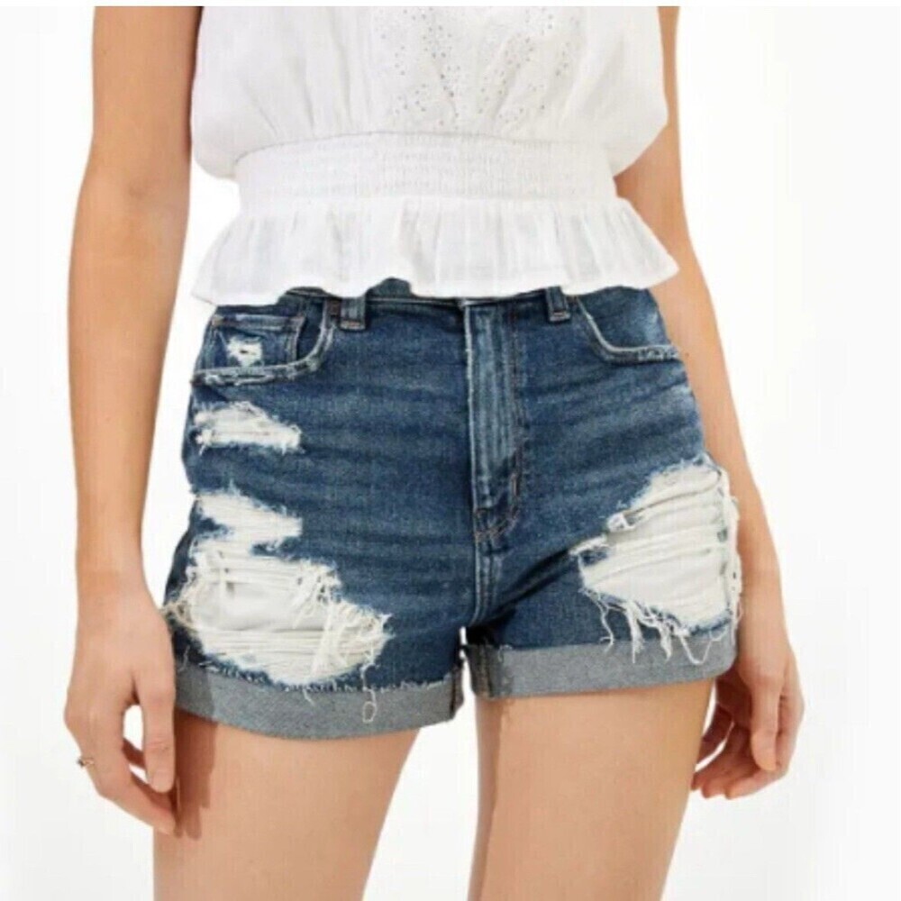 American Eagle Mom Shorts Womens 4 Blue Distressed Cuffed High Rise Stretch - Picture 2 of 10